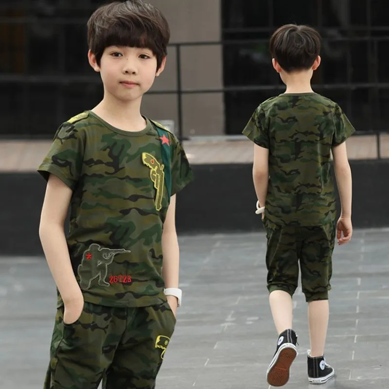 Camouflage Pistol Kid Clothes Cotton Short Sleeve T Shirt Calf-pants Summer Children Outfits Boys Girls Sets Clothing | Детская одежда