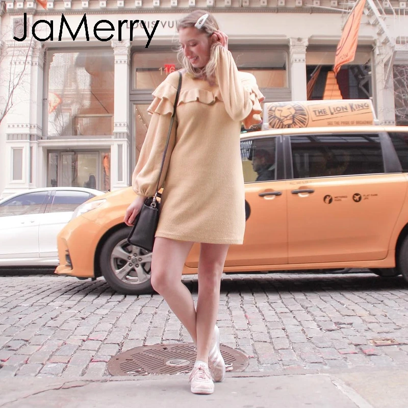 Женское винтажное короткое платье JaMerry зимнее с оборками и рукавами-фонариками