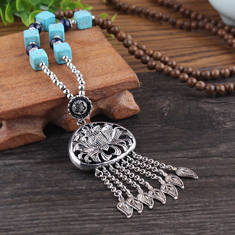SEDmart Retro Ethnic Wood Lotus Buddha Beads Pendant Necklaces Women Nepalese Mantra Wooden/Glass Beaded Sweater Necklace Gifts | Украшения