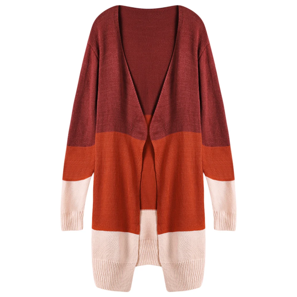 Long Cardigan Women Collarless Sleeve Color Block Loose Open Stitch Mujer Casual Fall Fashion 2018 Female |