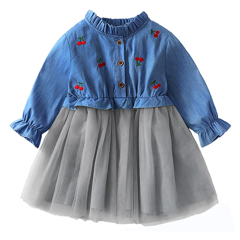 Children Girls Clothing Baby Denim Ruched Long Sleeve T-Shirt Tops Blouse Solid O-Neck Cute Dress | Детская одежда и обувь