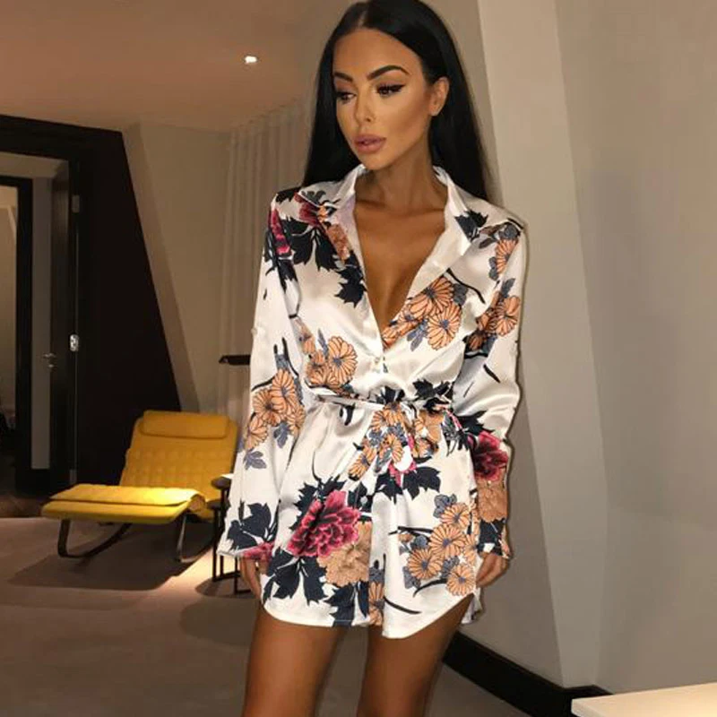 

Floral Printed Wrap Shirt Dress Sexy V Neck Club Party Dresses Women Single Breasted Beach Sundress Vogue Club Wear Vestidos