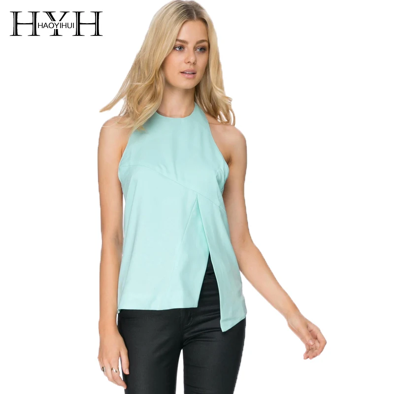 HYH HAOYIHUI Sexy Backless Women T-shirt Seam Front Halter Sleeveless Asymmetric T-shirts Solid Green Casual Crew Neck Tops | Женская