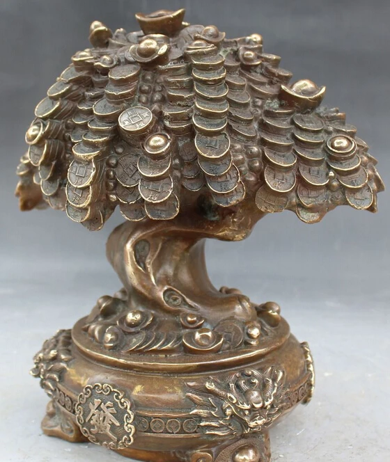 SCY Chinese Bronze Feng Shui Wealth Yuanbao Coins Money Tree Dragon Lion Head Statue R0709 | Дом и сад