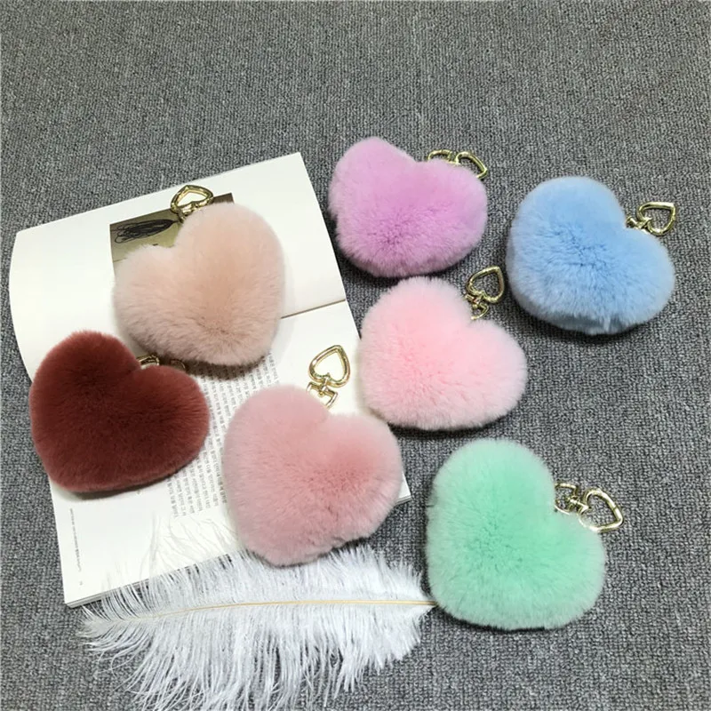 Брелок для ключей Corazon del melocoton Rex conejo pelo bola llavero amor felpa hebilla adornos en forma de corazon clave coche