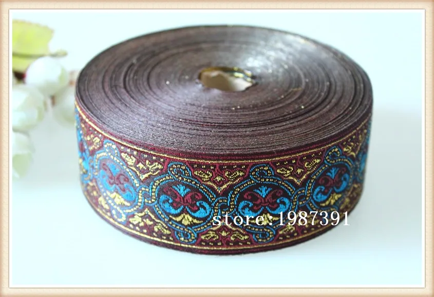 

10yards/lot Woven Jacquard Ribbon width about 4.6cm blue totem pattern with gold thread dark red background ls-6614