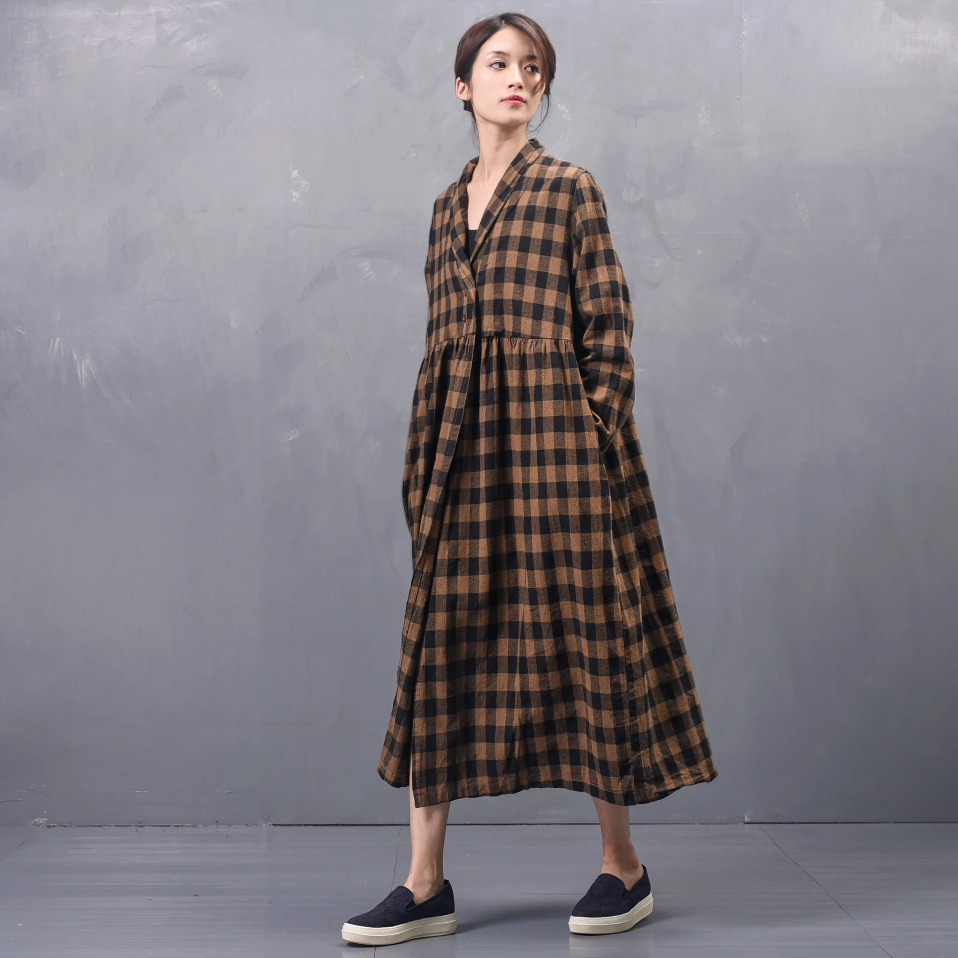 Для женщин Свободные клетчатый хлопчатобумажный пальто Длинная верхняя одежда
