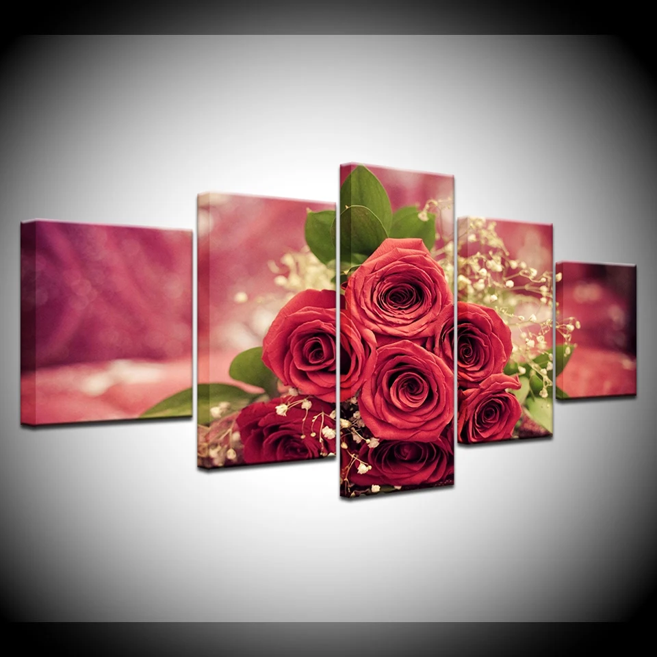 

The red rose flowers romantic modern 5 Panel HD Print wall posters Canvas Art Painting For home living room decoration