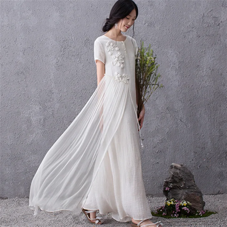 2018 однотонное платье с цветочной вышивкой и поясом из хлопка льна коротким