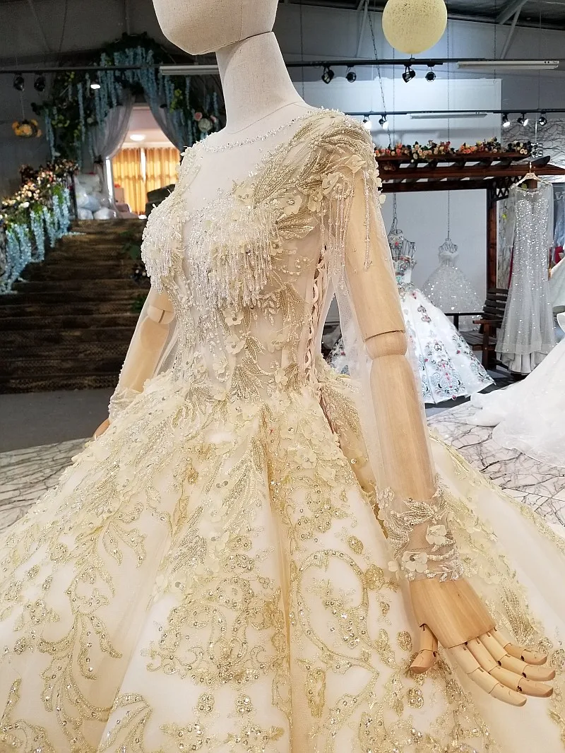 LS369470 Золотое кружевное блестящее свадебное платье Роскошные Длинные тюлевые