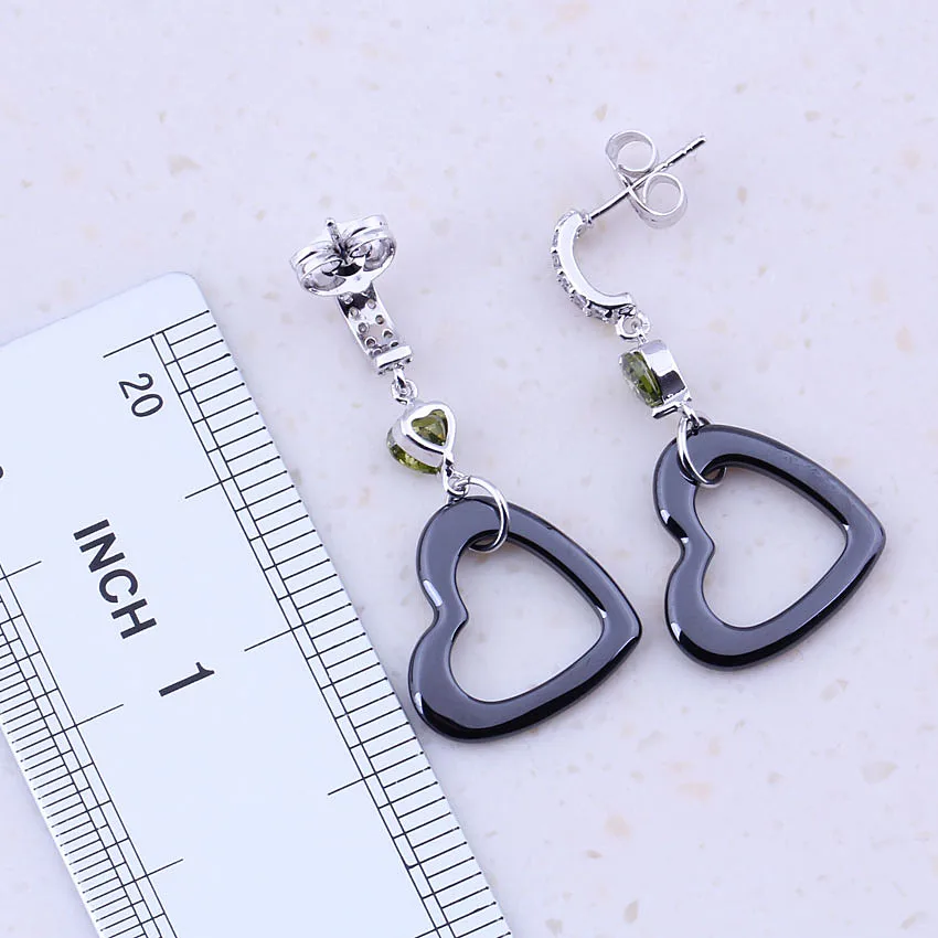 Lovely Heart Black Ceramic &amp Green Created Emeridot Silver Color Drop Dangle Earrings For Women Trendy Jewelry B0069 | Украшения и