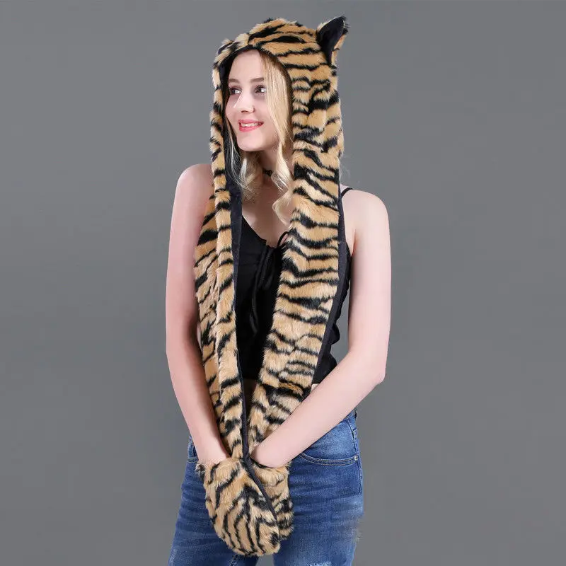 as picture 10 Styles Faux Fur Hood Animal Hat Ear Flaps Hand Pockets 3 in1 Animal Hat Wolf Plush Warm Earmuff Animal Cap with Scarf Gloves - Цвет: as picture