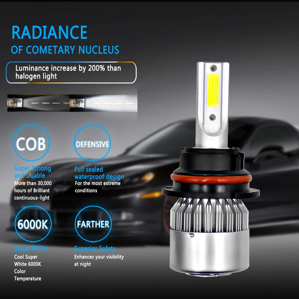 9007/HB5 Hi/Lo COB Автомобильные светодиодные лампы 72 Вт лм IP68 Водонепроницаемые