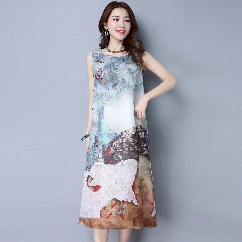 2017 Hot Sale Girl Chinese Style Vintage Printing Dress Pure Natural Cotton And Linen Vestido De Festa Elegant Women Party | Тематическая