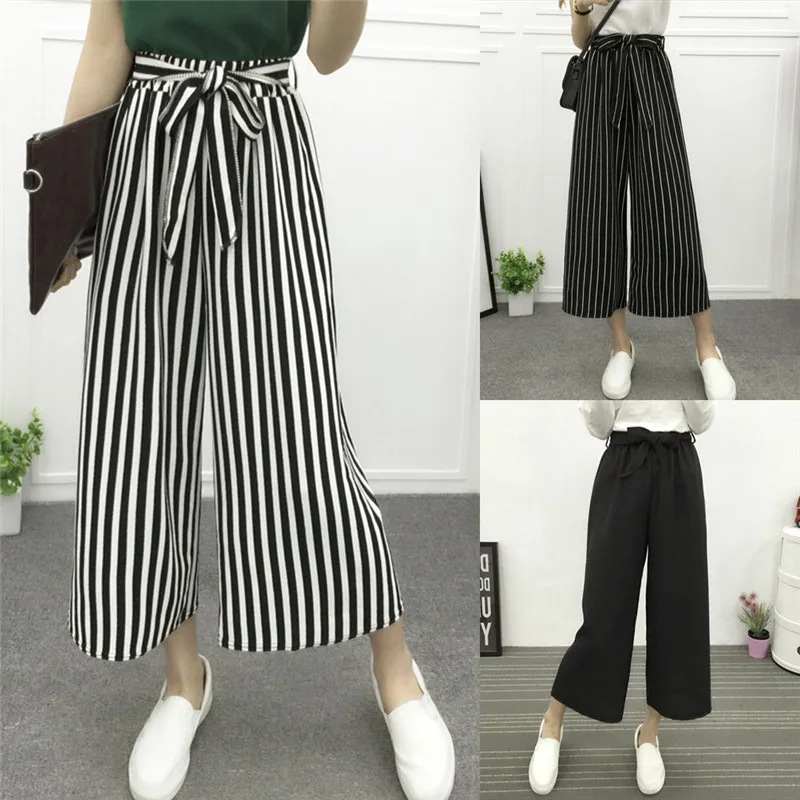 

Women Summer Spandex Casual Wide Leg Loose Striped Trousers High Waist Casual Pants Ladies Office Pants Fashion Loose Leg Pants