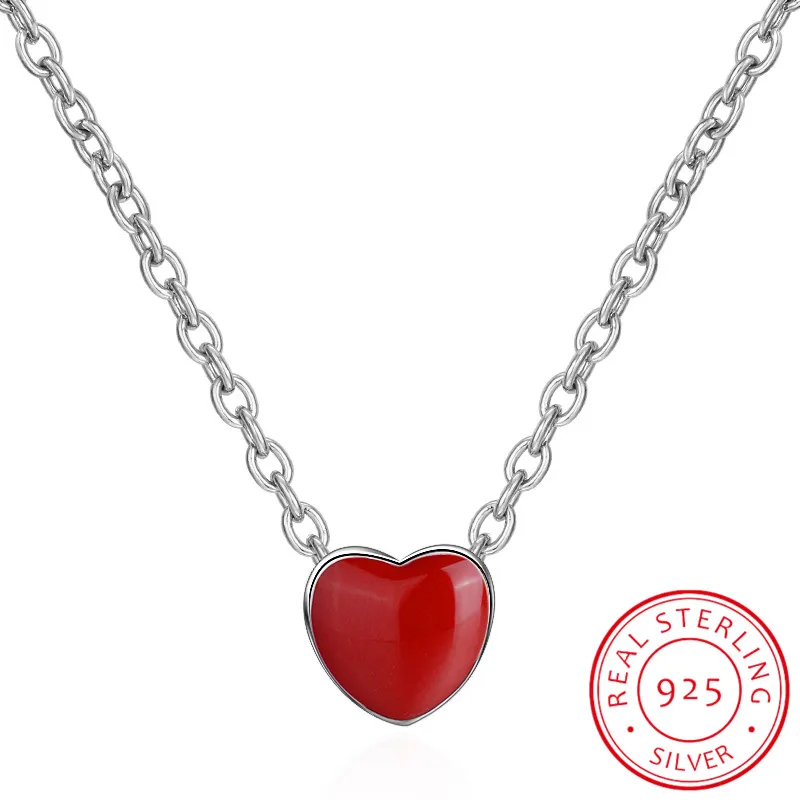 Necklace Ювелирный Набор из стерлингового серебра 925 пробы, милое Красное сердце любовь, эмаль, никогда не выцветает RI+ BR+ EA+ NE, подарок на День святого Валентина для женщин - Цвет камня: Necklace