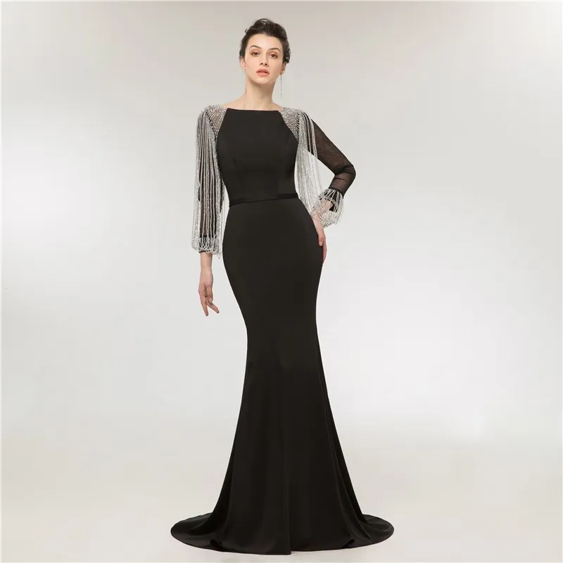 Vivian's Bridal Illusion Sleeve Beading Ribbons Women Long Evening Gown Black Floor-length Court Train Mermaid Dress | Свадьбы и