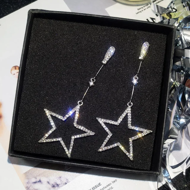 Silver Корейские модные блестящие длинные серьги с кристаллами, геометрические полые квадратные Стразы, трендовые серьги-капли для женщин, вечерние ювелирные изделия - Окраска металла: Silver