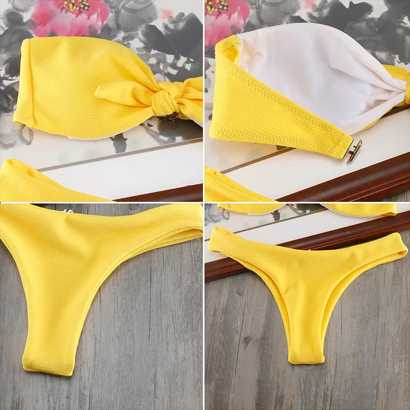 Женское желтое бикини сексуальный купальник с бантом пляжная одежда однотонный