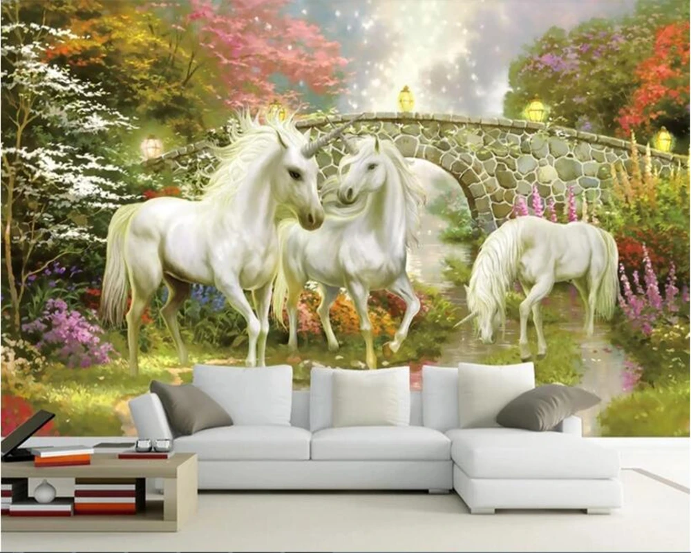 beibehang wall papers home decor Dream personality fashion silk cloth stereo 3d wallpaper fairyland unicorn TV background behang |