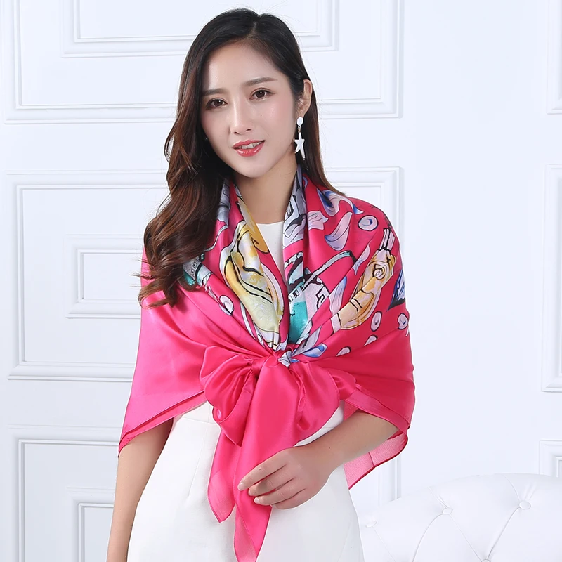 140cm*140cm Free Shipping New Arrival Women PINK Print Flower oil painting square silk scarf women royal pashmina female 2017 | Аксессуары