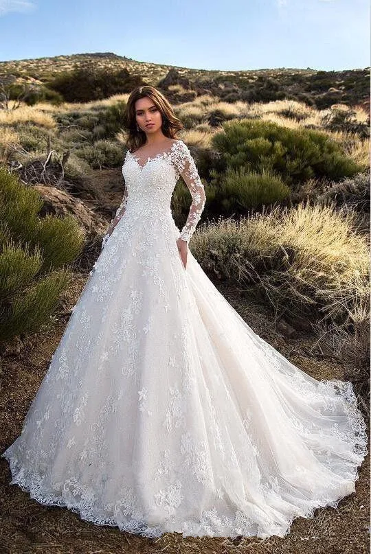 

Sexy Backless Sheer Lace Applique Long Sleeve Bridal Wedding Dress Classic Wedding Gowns vestidos de fiesta de noche