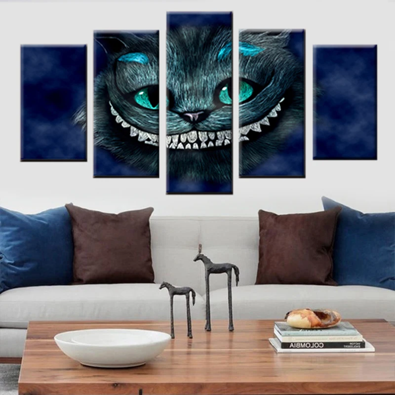 Холст Картина рамка HD печать 5 панель Кот Алиса в стране чудес мультфильм картина