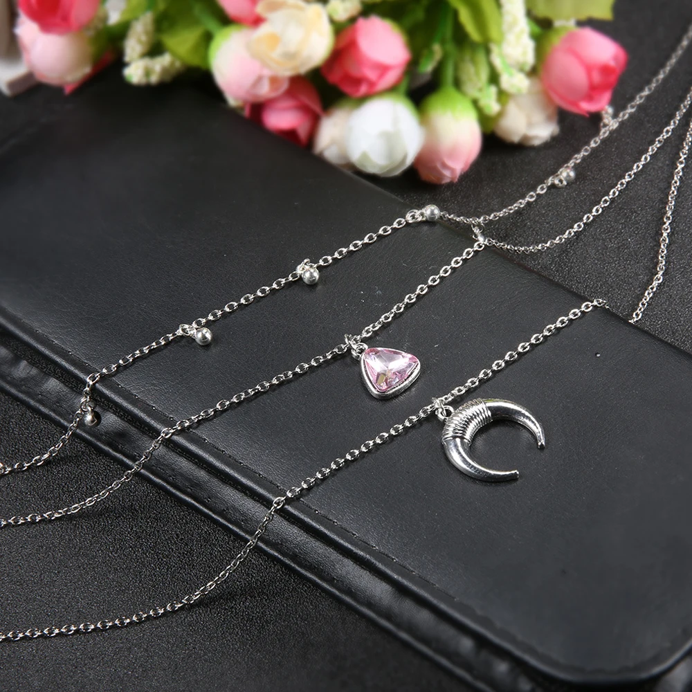 3 Pcs/Set Women Fashion Pink Crystal Moon Bead Pendant Silver Color Multilayer Clavicle Chain Retro Beach Necklace Jewelry | Украшения и