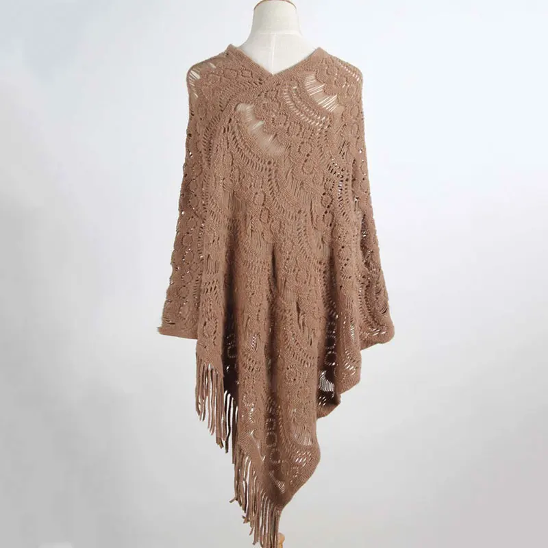 

2020 Autumn Tassel Cloak Women Loose Sweater Ladies Knitwear Hollow Out Knit Cloaks Ladies Poncho Swing Sweater Pullovers
