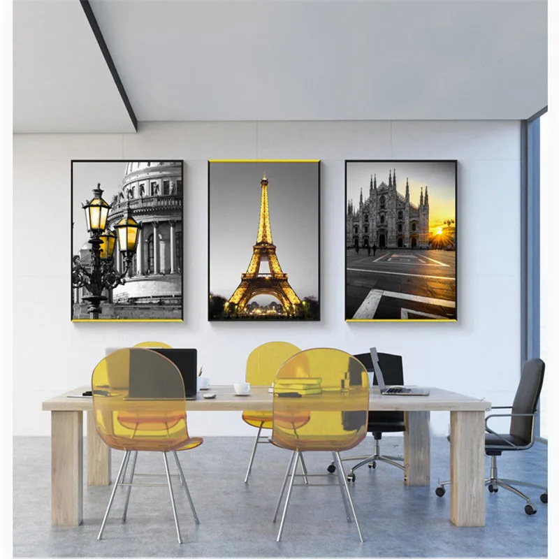 

HAOCHU New Hot Canvas Print Poster Nordic Modern City Building Desk Landscape Black White Yellow Living Room Decoration Painting