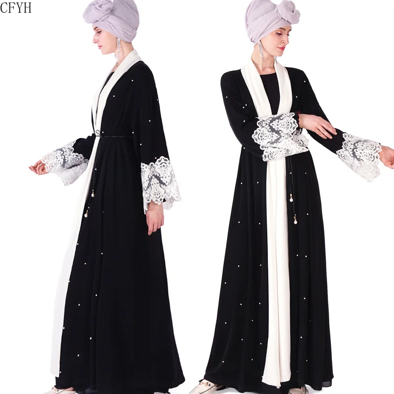 Ажурное кружевное платье для взрослых с вышивкой и жемчугом, халат Liene, Турецкая абайя, мусульманское платье, свободное платье, Арабская слу...
