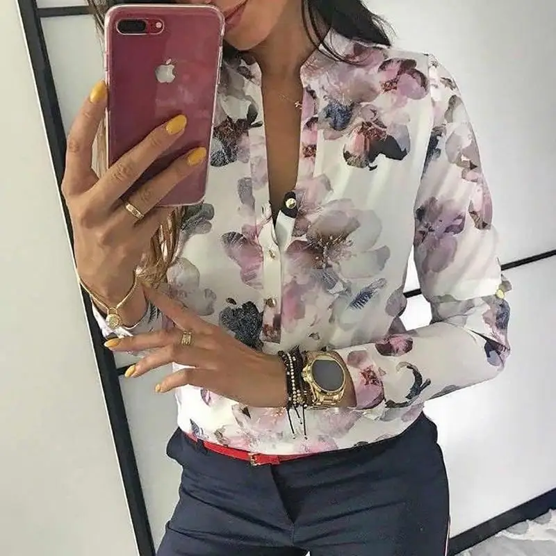 

Women Blouses 2019 Spring Women Elegant Casual Blouse Floral Print Button Design Long Sleeve Shirt Basic Top Blusas Femininas