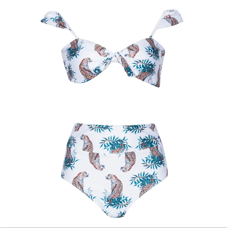 Комплект бикини с принтом и высокой талией бандо женский купальник пуш-ап рюшами