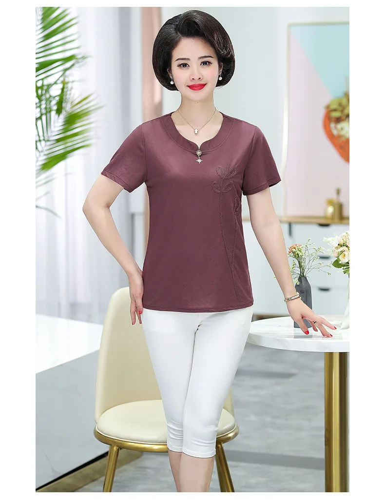 Хлопковые футболки для женщин 5XL, топы с коротким рукавом, лето, новинка, большие размеры, средний возраст, Повседневная футболка для мамы