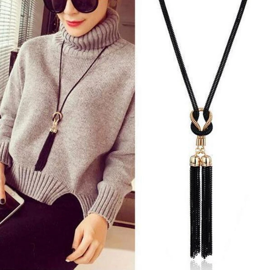 Trendy Black Chain Bow Tassel Boho Choker Necklace Woman Color Collar Metal Long Chunky Necklaces Fashion Accessories Bijoux Hot
