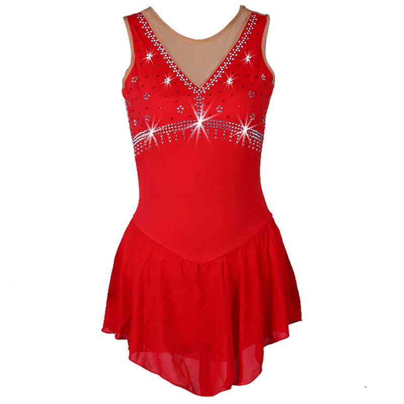 

New Customized Competition Ice Skating Skirt red Rhinestone girls ice skating sexy sleeveless women Figure Skating Dress