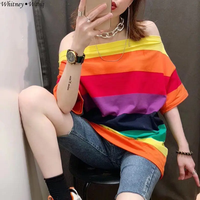 WHITNEY WANG 2019 летняя модная Уличная Сексуальная футболка с вырезом лодочкой в