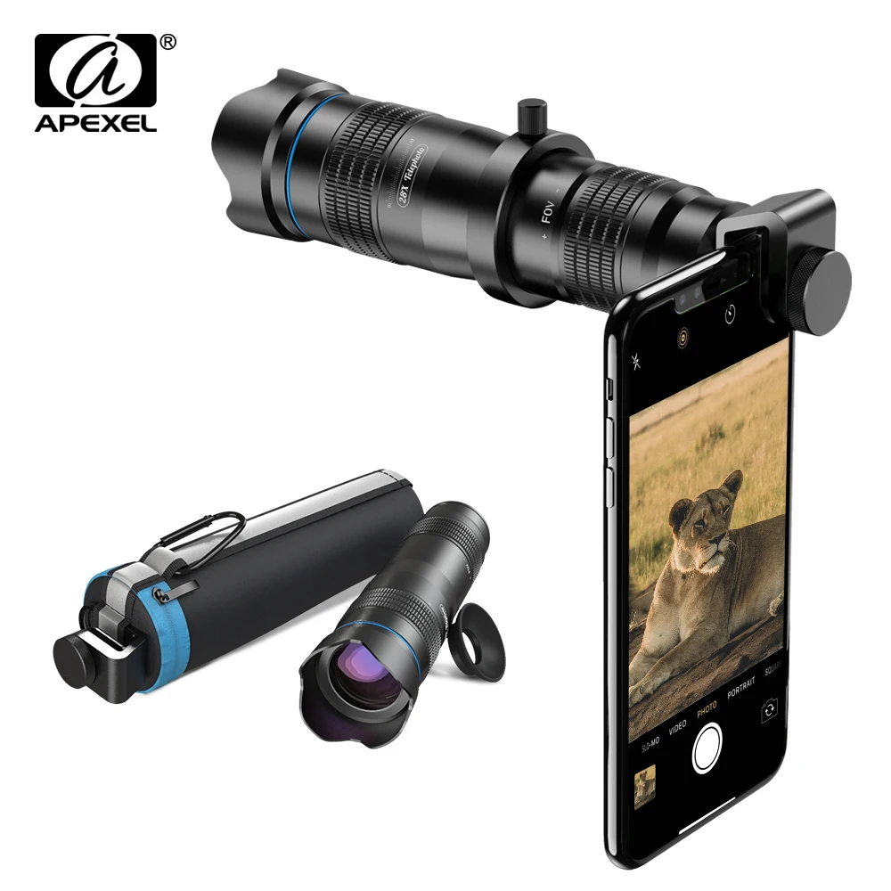 Фото Оптический Объектив APEXEL для камеры телефона HD 28X, телеобъектив с зумом, Монокуляр с мини-штативом для селфи, для всех смартфонов Huawei, Xiaomi №1
