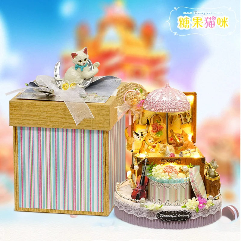 DIY Миниатюрный Кукольный домик конфетный Кот Подарочная коробка с музыкальным