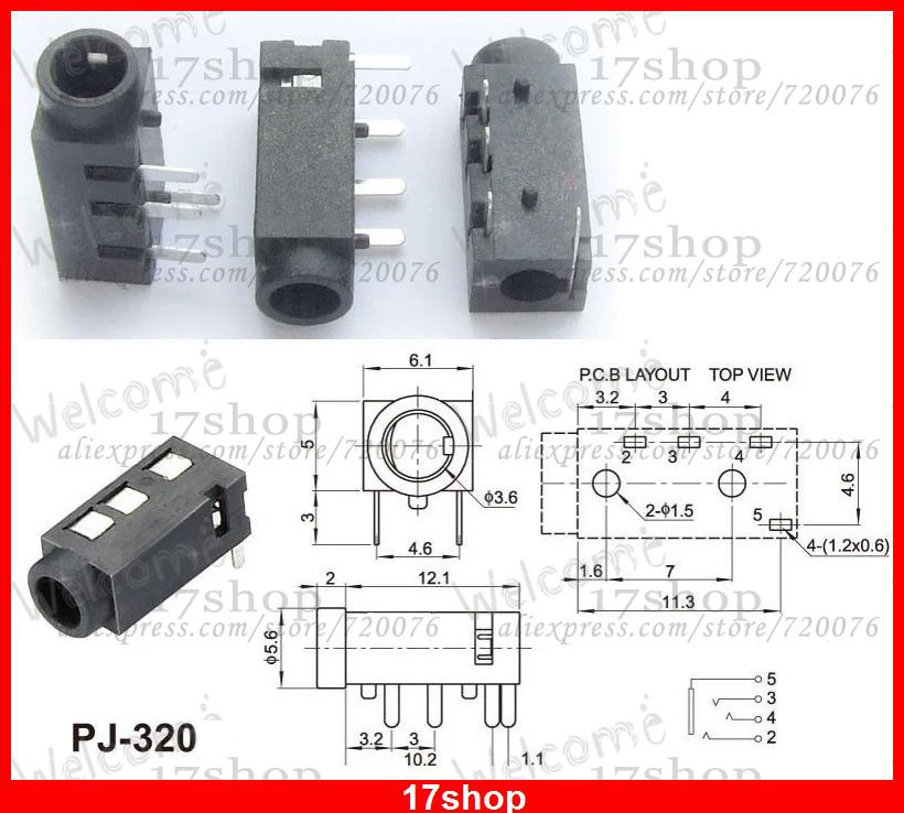 

500 шт 4Pin 1/8 "3,5 мм разъем для AV камер iphone наушники PJ-320A