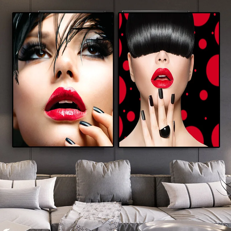 

Sexy Red Lips Woman Oil Painting on Canvas Cuadros Posters and Prints Nails Black Nordic Beauty Art Wall Picture for Living Room
