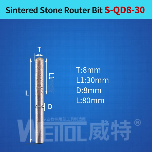 S-QD8-30 Weitol 1 шт. 6 мм/8 мм хвостовик спеченный камень фрезы шариковый нос плоская головка алмазные ЧПУ Инструменты для резьбы по граниту мрамору - Длина режущей кромки: S-QD8-30