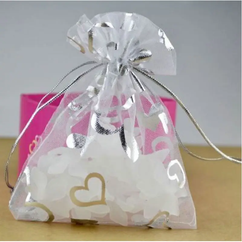 

9x12cm White Organza Bags 100Pcs Silver Heart Organza Pouches Wedding Decoration Favors Gifts Craft Drawstring Packaging