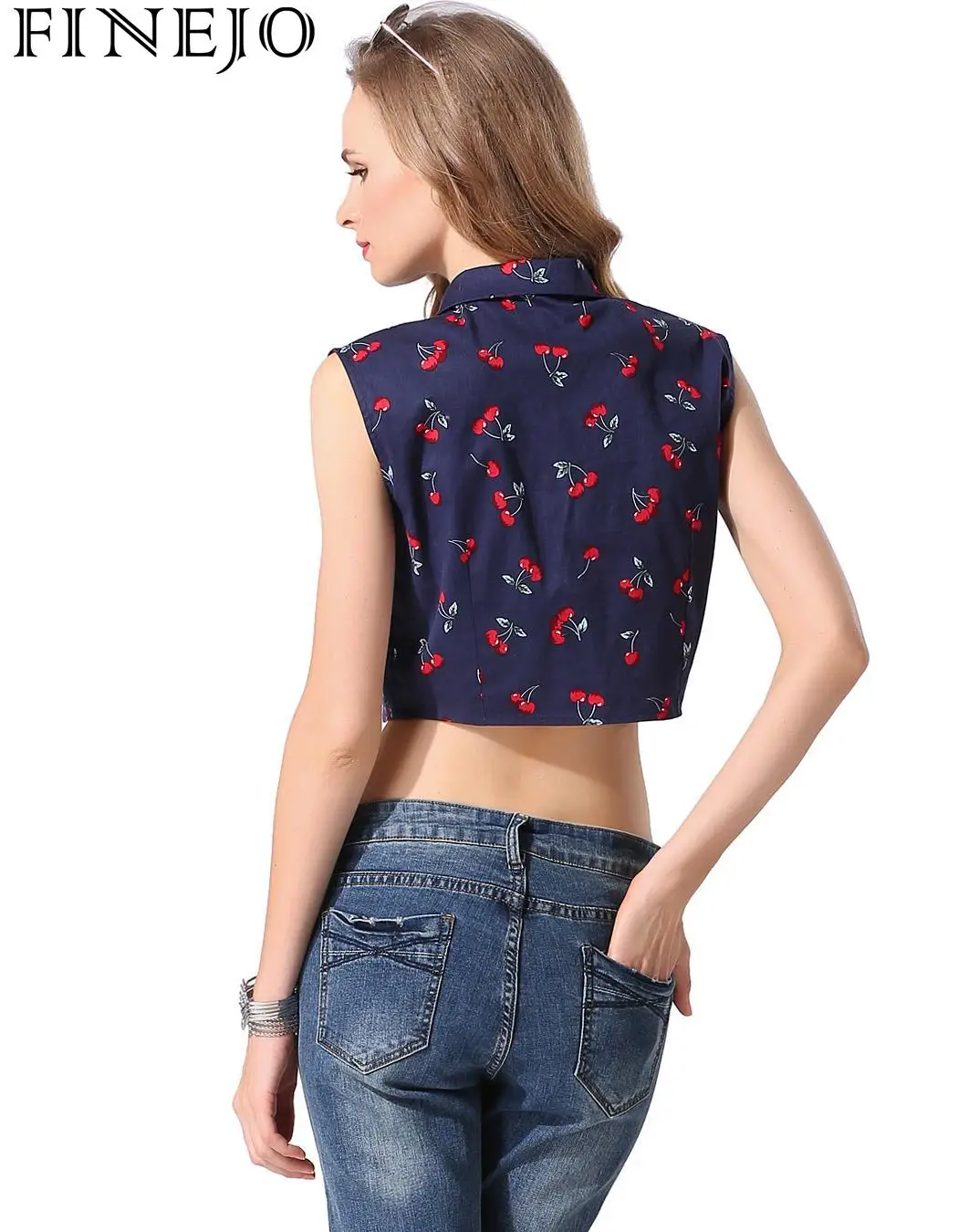 FINEJO Sleeveless Shirts Print Blouse Top Fashion Ladies Crop Women |