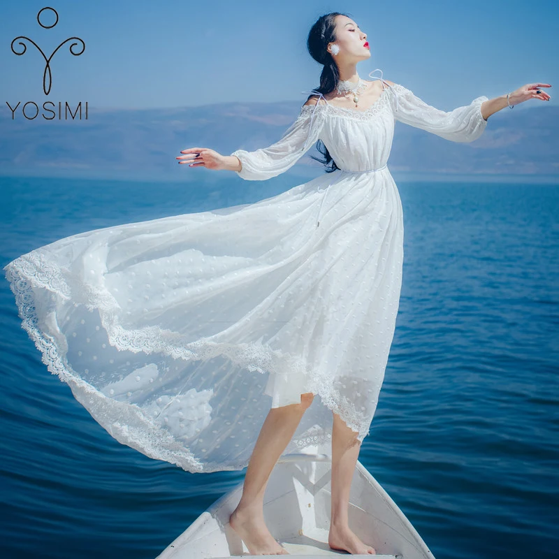 Женское длинное кружевное платье YOSIMI Белое Шифоновое Платье макси с открытыми