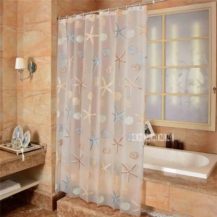 

200*200cm Starfish Shell Pattern Waterproof And Mould Proof Shower Curtain Thicken Bathroom Curtain With 16pcs Plastic C-rings