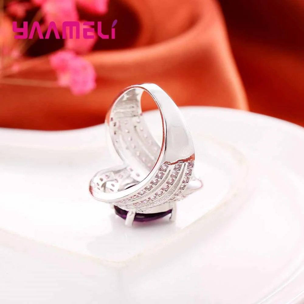 925 Sterling Silver Rings Vintage Style With Purple Crystal Exaggerated Female Wide Engagement Ring Women Girl Lady | Украшения и