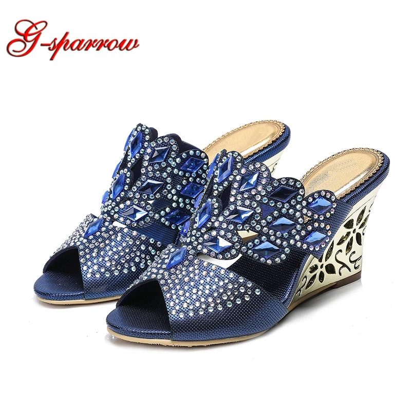

Women Summer Sandals Blue Rhinestone Wedge Sandals New Korean Luxury Diamond Sexy High-heeled Flowers Crystal Shoes