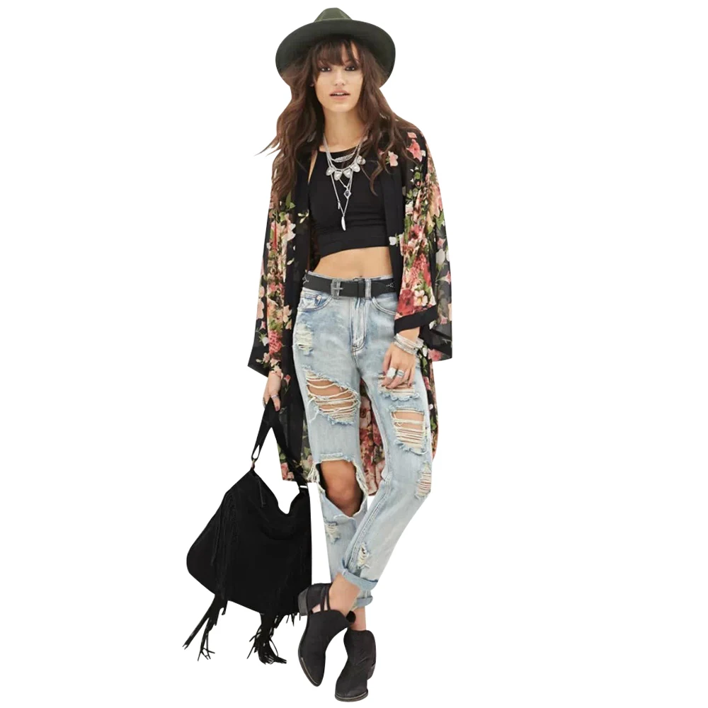 Модный женский шифоновый кардиган кимоно с цветочным принтом и рукавами летучая