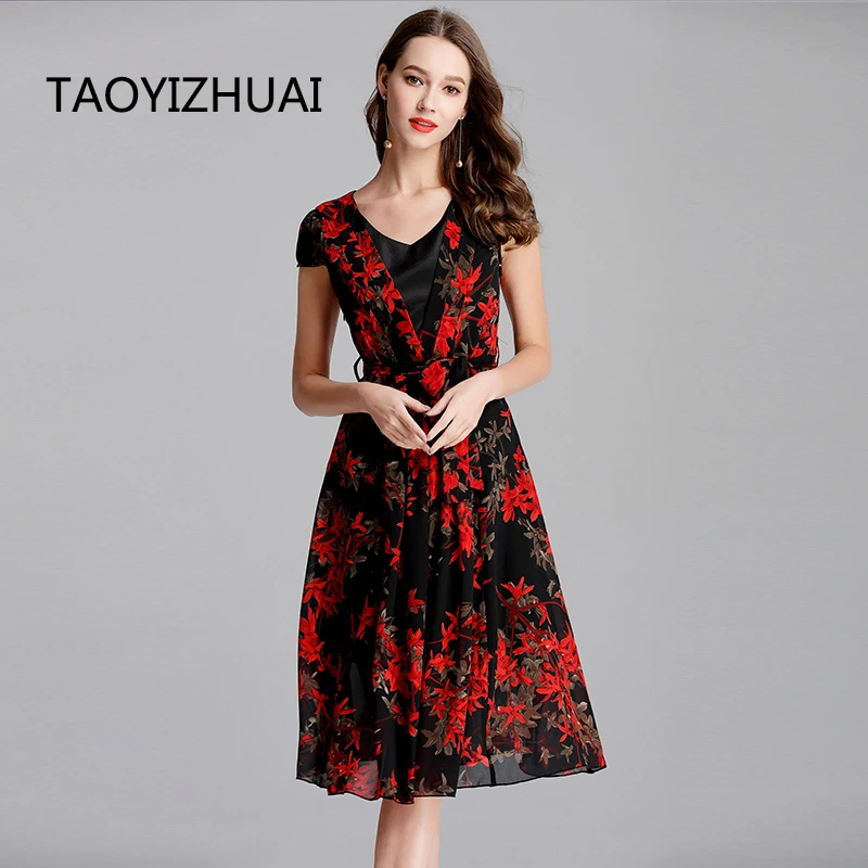 

Женское шифоновое платье TAOYIZHUAI, свободное вечервечерние платье до колен с V-образным вырезом, рукавами до локтя, модель 11614 года